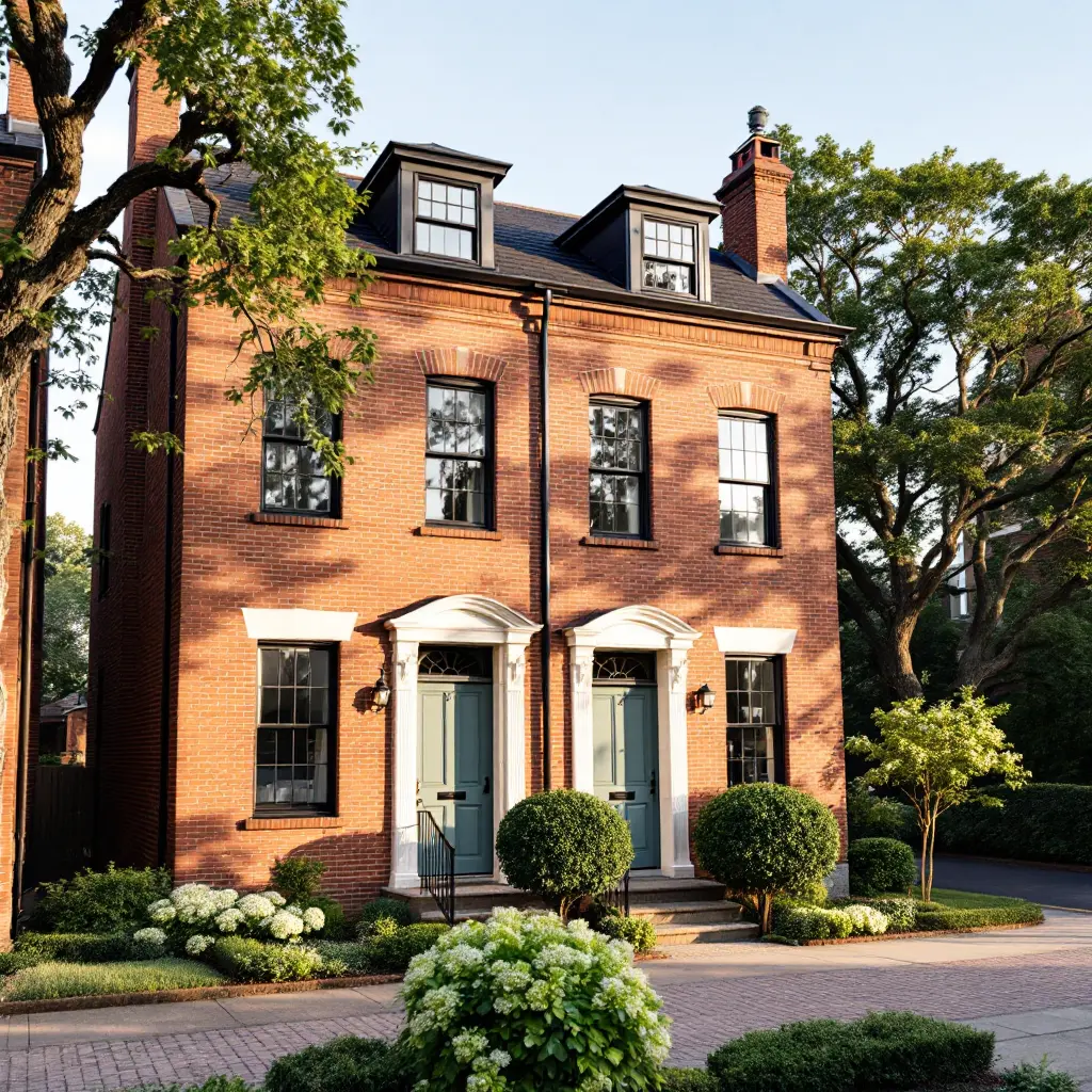 Renovated brick townhouses with sage green doors on a tree-lined street in morning light